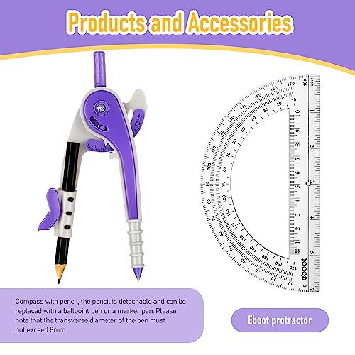 EBOOT Student Geometry Math Set, Drawing Compass and 6 Inch Clear Swing Arm Protractors 180 Degree Math Protractor (Purple) - color: Purple