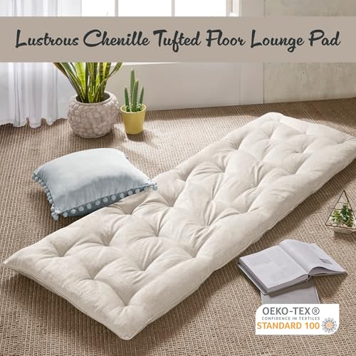 Intelligent Design Foldable Lightweight Lounge Floor Pillow 27" x 74" Ivory | Edelia Poly Chenille Soft Sheen Cushion, Tufted Seat for Meditation, Game Playing, Yoga, Reading with Travel Wrap - color: Ivory