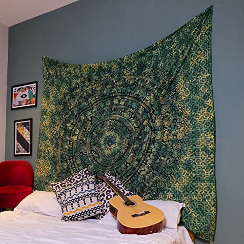 Craft Trade Indian Cotton Mandala Wall Hanging Tapestry for Aesthetic Boho Hippie Living Room, Meditation & Bedroom Décor - Green - 54x84 Inches - color: Green, size: 54"L x 84"W
