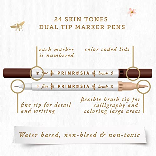 Primrosia 24 Skin Tones Dual Tip Marker Pens, Hair and Portrait Watercolor Sketch Set – Fine and Brush Ends, Art Supplies for Coloring, Sketching and Drawing - color: Skin Tones