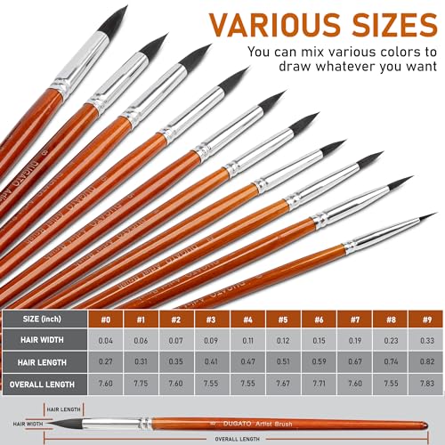 DUGATO Watercolor Brushes Set, 10-Piece Round Pointed Tip Paint Brushes | Detail Paint Brush, Fine Synthetic Artist Brushes for Acrylic, Oil and Gouache, Wash and Fine Line Work - color: Brown