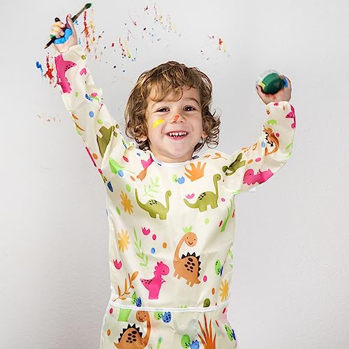 Kids Art Smocks Dinosaur Painting Aprons for Children Waterproof Artist Smock with Long Sleeve and 3 Pockets for Age 3-8 Years (Off white) - color: Off-white