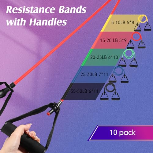 Shappy 10 Pcs Resistance Bands with Handles | Exercise Stretch Bands for Exercise, Woman Man Training Physical Therapy Workouts Fitness - color: yellow, red, green, blue, black