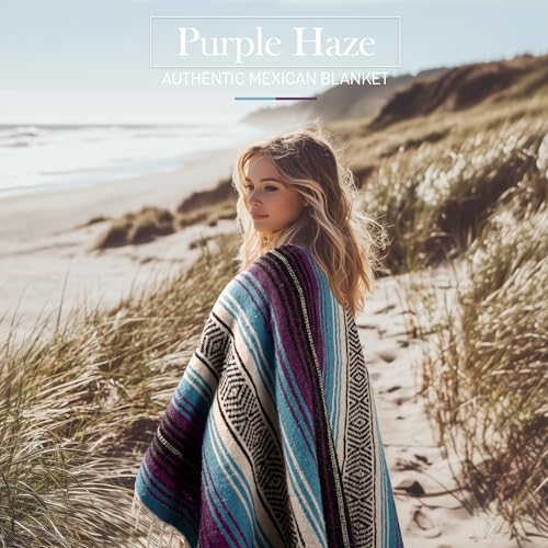 Hydration Nation Authentic Extra Large Mexican Blanket (70"x50") - Handwoven Yoga, Serape- Artisanal Falsa, Beach, Camping, Picnic, Outdoor - Purple Haze - color: Purple Haze