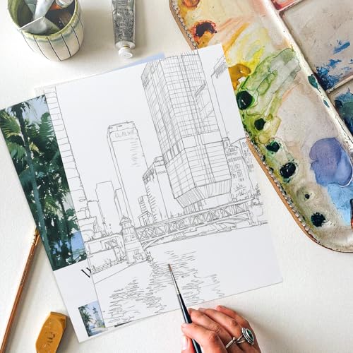 RGBMIX Urban Watercoloring Paper Pad Cotton 140lb/300gsm 12 Sheets 9x12'' Water Coloring Book Line Art of Cityscapes, Lighthouse, Castle, Church, Bridge, Factory for Watercolor, Acrylic, Pencil - color: Architecture