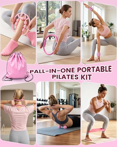 Pilates Kit, 24 in 1Home Pilates Workout Kit for Women, Pilates Equipment with 13" Pilates Ring and Ball, Starter Home Workouts - color: Pink