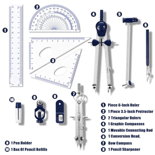 13 Pcs Compass and Protractors Set Math Compass Geometry Tool Metal Geometry Kit Precision Drawing Tool Circle Triangle Ruler Protractor with Storage Case for Kids Architects Engineers Students - color: Light Blue