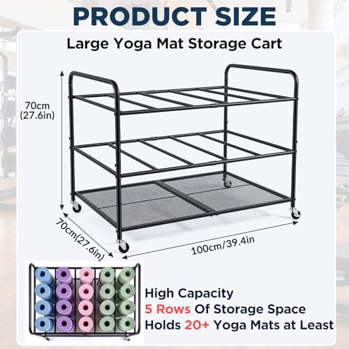 Large Yoga Mat Storage Cart Basket 39.4'' x 27.6'' x 27.6'' Home Gym Storage Rack with Wheels Metal Yoga Mat Holder Basket Foam Rollers Organizer for Gym Studio Hold 20 Exercise Mats
