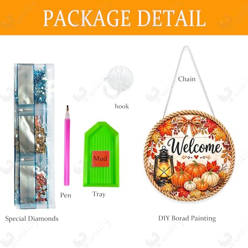 Yunzlly DIY Hanging Fall Diamond Art Pendant Kit, Special Crystal Autumn Diamonds Painting Ornament Kit for Adults Acrylic Board Gem Painting Kit (Welcome Sign) - color: Welcome