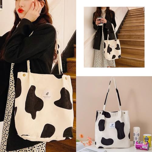 Aphoraeny Corduroy Tote Bag for Women Cute Totes Shoulder Bag with Inner Pocket for Work Beach Shopping Travel Grocery - color: Cow