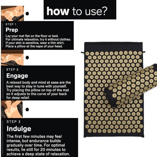Acupressure Mat and Pillow Set for Back/Neck Pain Relief and Muscle Relaxation (Black/Gold)