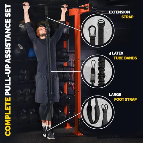 Pull Up Assistance Bands Set with 4 Levels, Adjustable Strap and Foot Rest | 50–200 lb stackable pull-up assistance, nylon-sleeved bands, adjustable support, reduced snap-back risk - color: Black