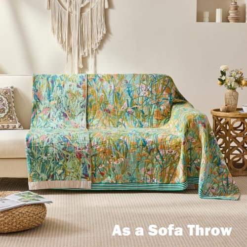 VANJOROY Boho Throw Blanket, 100% Organic Cotton Breathable Skin-Friendly Ultra Soft 50" x 60" Bed Quilt Green Leaf Throw - Floral Luxury Reversible Blanket for Sofa Couch Chair and Gift, - color: Flower-b-leaf, size: Throw (50" X 60")