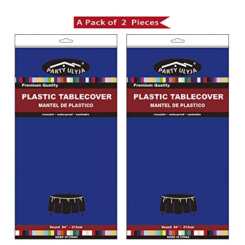 Royal Blue Plastic Tablecloths 2 Pack Disposable Table Covers 84 Inches Circle Shower Party Tablecovers PEVA Vinyl Dark Table Cloths for Parties Birthdays Weddings Banquet's 6 ft Round Table Use - color: A04 Royal Blue