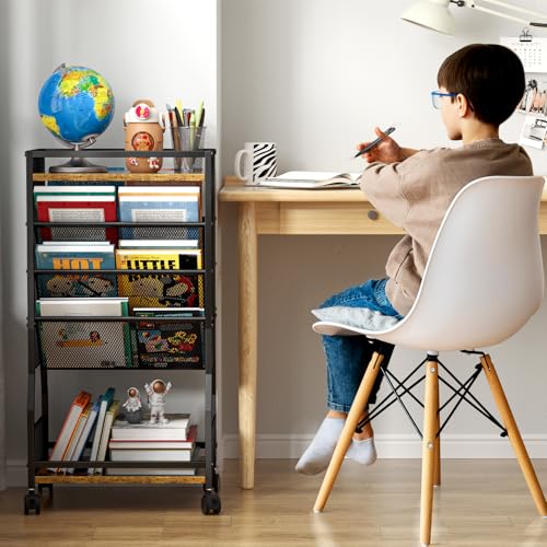 DAOUTIME 8 Tier Rolling Book Cart with Wheels, Mobile Book Storage Cart with 2 Sides Access Bookcase for Narrow Space, Rolling File Organizers and Storage for Home Office Living Room Classroom School