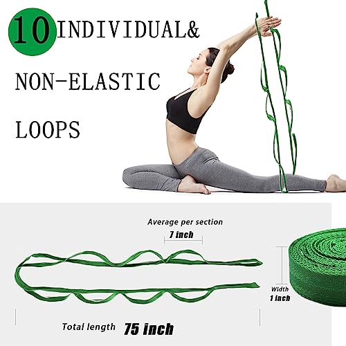 Stretching Strap Yoga Strap with Loops for Physical Therapy, Non-Elastic | 10 Loops, 75 inches length, Multi-Color Selection for Yoga Strap for Stretching, Pilates, Dance and Gymnastics - color: Dark Green