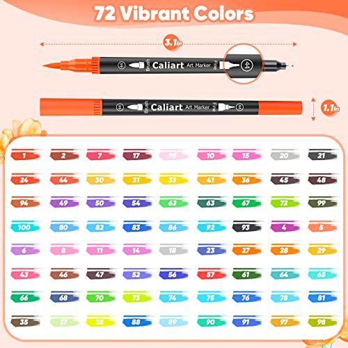 Caliart 72 Colors Double Tip Brush Pen Art Markers for Adult Coloring Books | Artist Fine & Brush Coloring Markers for Journaling Calligraphy Lettering Planners Drawing Teacher Office Art Supplies - color: Black, size: 1 Count (Pack of 72)