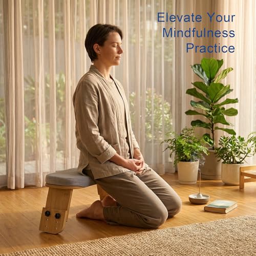Adjustable Meditation Bench with Cushion, Portable Folding Bamboo Meditation Stool, Ergonomic Kneeling Stool Chair, Portable Yoga Bench Seiza Prayer Bench with Carry Bag & Non-Slip Pads