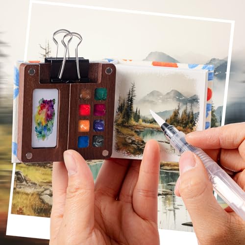 Qilery Mini Portable Watercolor Palette Set Wooden Grid Paint Box Watercolor Paper Sketch Book Brush Pens with Binder Clip for Painters Artist Not Include Paint(Azalea) - style: Azalea