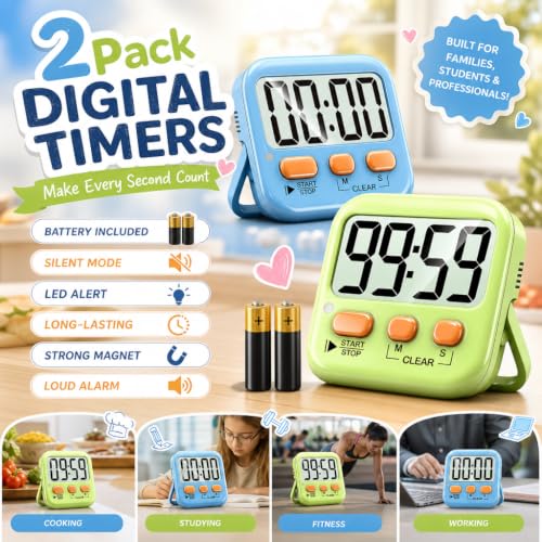 Antonki 2 Pack Digital Timer for Kids Classroom Kitchen Timers for Cooking | w/ Battery, Easy to View, Alarm, Mute Mode, Count Down/Up, Magnetic, Kickstand, Hanging, Classroom Timer for Teacher Supplies - color: 2 * Green+ Sky Blue ( 95%+select for Kids )