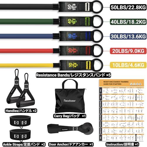 READAEER Resistance Bands, 10-150 LBS Exercise Bands with Handles, Ankle Straps & Door Anchor, Adjustable Workout Bands for Full Body Strength Training, Home, Gym & Travel - size: 10-150LBS