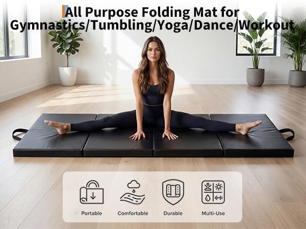 6x3 Ft Portable Four-Fold Gymnastics Mat, 2 Inch Thick Tumbling & Exercise Pad, Folding Floor Mat for Home Workouts, Yoga, Pilates, Aerobics and Martial Arts Training, Black