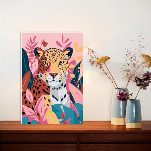 Lxmsja Cute Leopard Paint by Numbers Kit for Adults, Jungle Leaves Acrylic Paint by Numbers for Adults Beginner, DIY Craft Supplies Oil Painting Kits for Home Wall Decor 8x12 inch (Framed) - color: pink#095