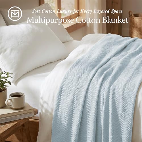 Threadmill Luxury Cotton Blankets for Queen Size Bed | All-Season 100% Cotton Queen Size Blanket | Herringbone Cozy, Soft Breathable Fall Thermal Blanket fits Full Size Bed | Light Blue | All-Season Thermal Blanket, Soft & Breathable, Cozy Moisture-Wickin