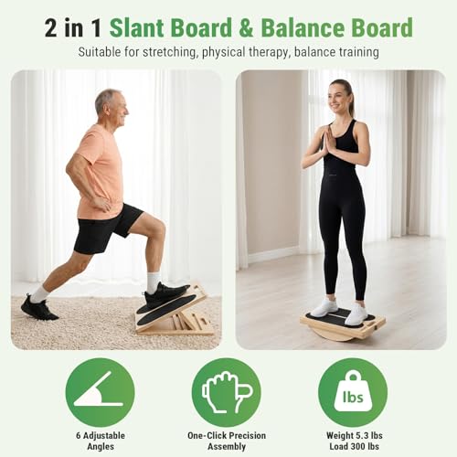 Wooden Slant Board, 2-in-1 Adjustable Calf Stretcher, 300lb | 180° Adjustable,6 Angle,withTraining Poster,Portable Incline Board,Physical Therapy,Ankle Stretching