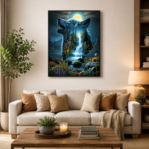Morudeor Wolf Diamond Painting Kits for Adults, Fantasy Moon Wolf DIY 5D Full Drill Diamond Art Kit, Waterfall Forest Animal Diamond Dot Gem Art Kits for Home Decor 12 X 16 Inch - color: WCM059