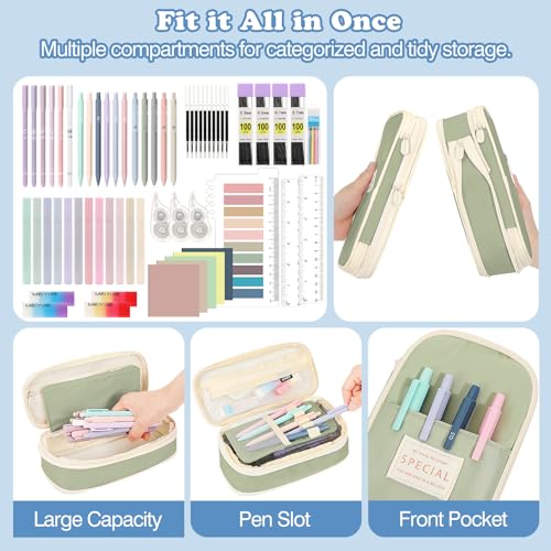 MoKo Pencil Case with Supplies, 60Pcs Aesthetic School Set, Green | Includes highlighters, gel and ballpoint pens, mechanical pencils, refills, sticky notes, correction tapes and rulers. - color: Green-60P