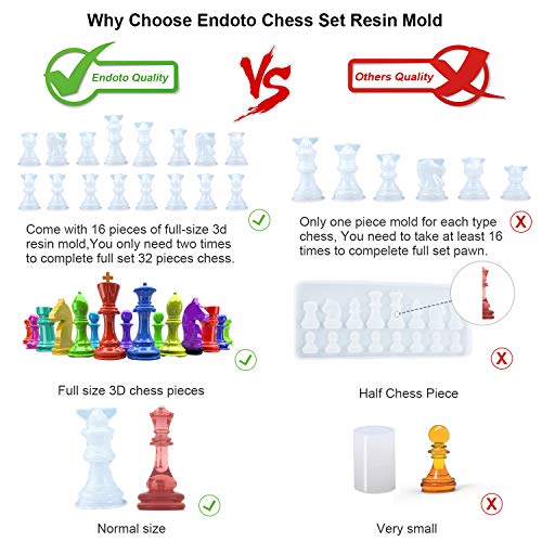 Endoto Chess Set with Checkers Board Silicone Resin Mold, 32 Pieces Full Size 3D Chess Crystal Epoxy Casting Molds for DIY Art Crafts Making, Family Party Board Games and Home Decoration - color: 32pcs Chess Mold Set