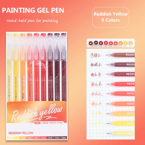 Gel Pens with 0.6mm Fine Point, 9 Colors Acrylic Drawing Gel Pen | Smooth Writing Pen Set for Journaling, Reddish Yellow, Drawing Pencils for Adult Coloring Books - color: Reddish Yellow