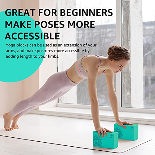 Overmont Yoga Block 2 Pack Supportive Latex-Free EVA Foam Soft Non-Slip Surface for General Fitness Pilates Stretching and Meditation 9"x6"x3" Yoga Strap Included - color: Green