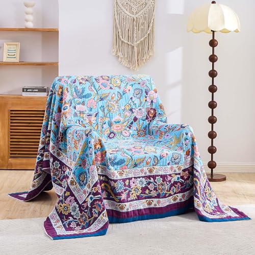 XIBLC Fall Blanket for Bed, 100% Cotton Soft Rustic Boho Throw Blanket Quilt, 50"x60" Farmhouse Decor Bed Flower Blankets, Light Weight Reversible Bohemian Throw Quilt - color: L-throw, size: 50x60 Inch
