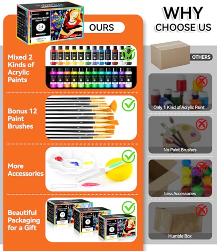 40 PCS Classic & Glow in the Dark Acrylic Paint Set, 24 Colors Art Paint | with 12 Brushes, 2 Knives & Palette, Paint for Adults Artists Beginners, Canvas Ceramic Rocks Wood Painting Kit Art Supplies - color: Mixed Colors, size: 2 Fl Oz (Pack of 24)