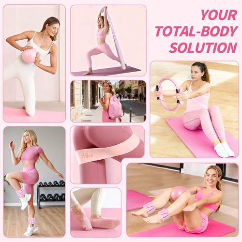 NANATI Pilates Kit, Home Pilates Workout Kit for Women, Pilates Equipment with 14.5"" Pilates Ring and Ball, Resistance Bands, Ankle Weights, Sliders & Grip Socks for Home Workouts - color: Pink