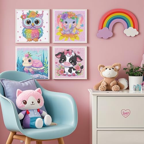 PERFECTSIGHT Cute 5D Diamond Art Kits, Kawaii DIY Painting Art for Adults Teen, 4 Pack Diamond Arts and Crafts Sets, Big Gem Full Drill Diamond Dots for Women (Elephant+Turtle+Cow+Owl) - style: Elephant+Turtle+Cow+Owl