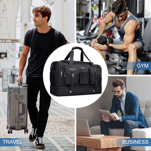 WITZMAN Duffle Bag for Men 55L Nylon Travel Weekender with Shoe Compartment - color: Black