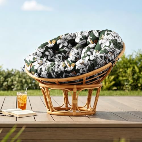 47" Round Tufted Floor Cushion, Thick Meditation Papasan with Ties - color: White Flowers