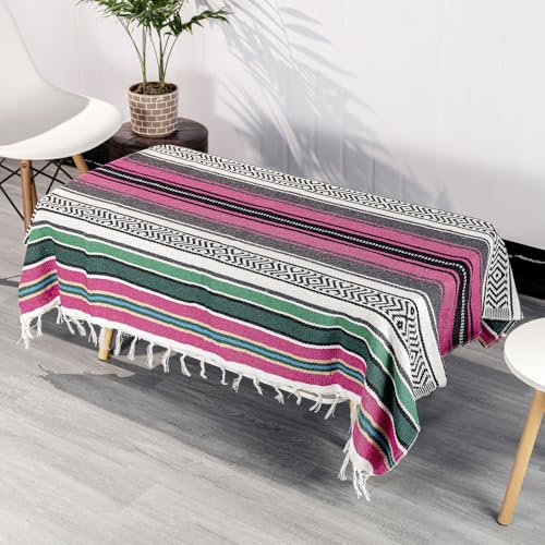 Mexican Blanket Throw with Tassels, 69 x 51 Inches Large Woven Serape Blanket, Boho Striped Picnic Yoga Beach Blanket, Soft Durable Tribal Falsa Blanket for Couch Outdoor Travel - Rose-Blue - color: Rose-blue