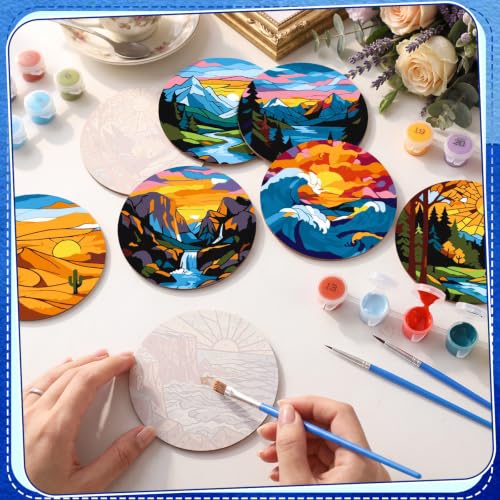 Reallnaive 8 Pcs Mountain Paint by Numbers Kit for Adults Wooden Coasters | Mini Landscape Paint by Numbers, Tiny Sunrise River Round Oil Painting Drink Coaster with Holder, for Small DIY Craft Gift - style: Mountains