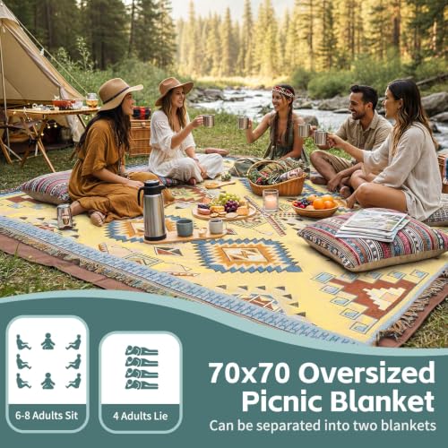 RYCHIC 2 in 1 Extra Large Camping Blanket Outdoor Rug Picnic Yoga Mat Lightweight Car Essential Roadtrip Gadget Rv Accessories Glamping Gear Must Haves Hiking Backpacking Necessities Women Beach Gift - color: Boho Yellow