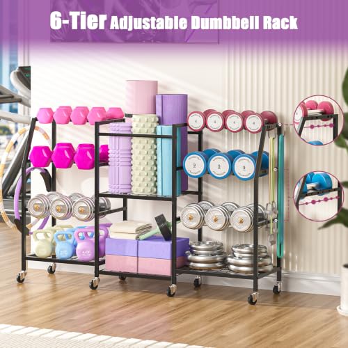 Dumbbell Rack, Weight Rack for Home Gym, Yoga Mat Storage Rack, Exercise Equipment Storage with Wheels and Hooks, Home Gym Equipment Organizer for Kettlebells - size: Large