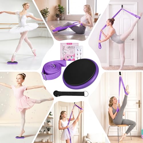 Ballet Practice Kit - Turning Board, Stretching Strap & Resistance Band to Improve Turns, Balance, Spinning for Dance - color: PURPLE