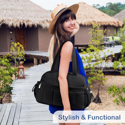 TOPDesign Travel Duffel Bag for Women, Puffer Gym Bag Sports Tote with Wet Pocket, Carry On Weekender with Luggage Sleeve (Black) - color: Black