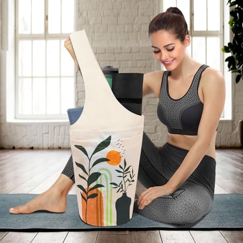 Yoga Mat Bag Carrier for Women with Side Large Pocket Durable Linen Workout Gym Travel Storage Pilates Mats - color: Boho Plants