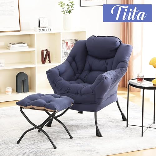 Tiita Lazy Chair with Ottoman, Comfy Reading Accent Chair, Navy - color: Peach Skin Navy