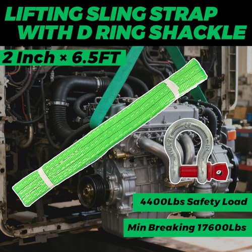 HENBOW Lift Sling Straps|2" × 6.5' Web Sling Strap with D Ring Shackles|4400Lbs Safety Work Load and 17600Lbs Breaking Load| Recovery Strap for Hoist Car Tree Saver Winch Recovery(2 Pack) - size: 2 Inch × 6.5 FT