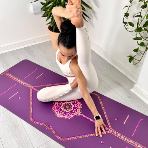 Liforme Printed Yoga Mat - Patented Alignment Design, Ultimate Grip | Eco-friendly, Non-Toxic, Sweat-Resistant, long, wide, 4.2mm thick mat for comfort, recommended for Hot Yoga, Free Yoga Bag - color: Blossoming Lotus - Purple Earth